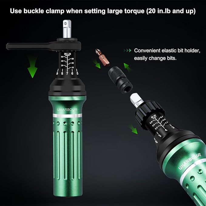 Torque Screwdriver 10-60 in.lb, Torque Screwdriver Set with 1/4" Elastic Bit Holder, 1/4" Bit Adapter, Flat, Hex, Torx and Philips Bits, Suitable for Gunsmithing, DIY, Bicycle Maintenance
