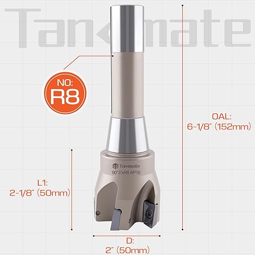 Indexable End Mill R8 Shank 2" Cutting Diameter x 6-1/8" Oal 90 Degree with Nickel Plating, Includes 5 APKT1604 Carbide Inserts