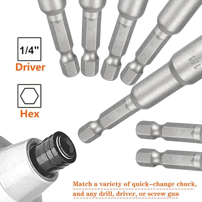 10pcs SAE 1/4??and 5/16??Magnetic Nut Driver Bit Set, 1/4 inch Driver Power Nut Setter Drill Bits for Impact Drill, Socket Adapter Hex Nut Driver Set, 65mm Length