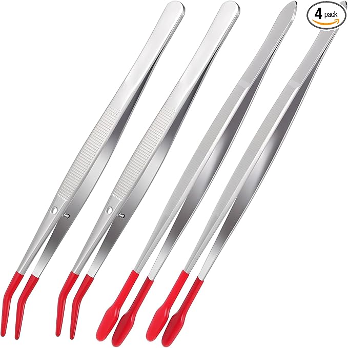 4 Pieces Tweezers with Rubber Tips PVC Rubber Coated Tweezers Rubber Long Bent Tip Tweezer and Straight Flat Tip Tweezer for Lab Stamp Hobby Jewelry Crafts Feeding (Silver, Red)