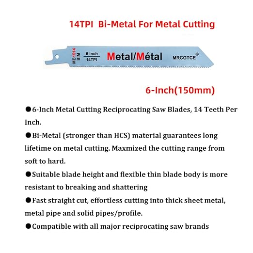 Metal Cutting Reciprocating Saw Blade, 6-Inch 14TPI Bi-Metal Recip Saw Blades (10pcs)