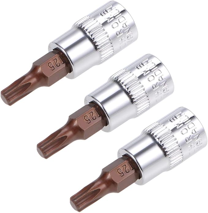 uxcell 3pcs 1/4" Drive x T25 Torx Bit Socket, S2 Steel Bits CR-V Sockets 38mm Length Use with Ratchet Wrench, Slide Bar, Extension Rod