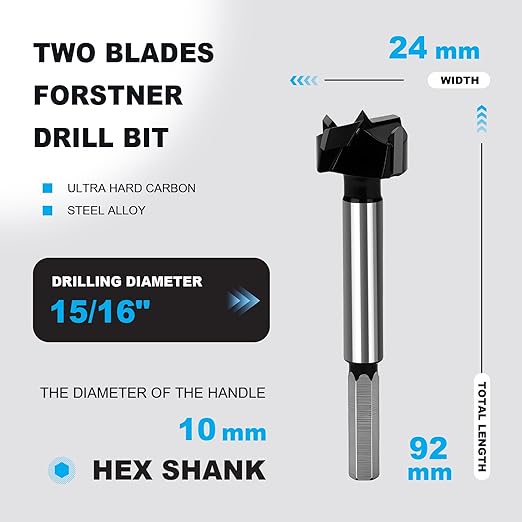 15/16 Inch Forstner Drill Bit Carbide Tipped,Woodworking Hinge Cutter for Precise Flat Bottom Holes in Hard Wood,Plywood,Plastic - Professional Grade
