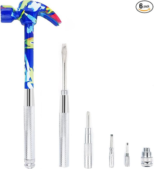 YOUMI 6 in 1 Multifunctional Anti-Corrosion and Anti-Rust Floral Hammer & Screwdriver Tool Set with Slotted/Flat Head Phillips Screwdriver Nail Puller and Claw Hammer Best Gift for Sweetheart(Blue)