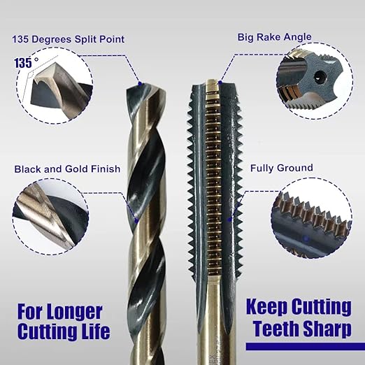 JEFEHEX 18pcs Drill and Tap Set with 1 Piece T-Handle Ratchet Tap Wrench, Tap Range 6-32NC??/2"-13NC, Black and Gold Premium HSS Jobber Length Drill Bits and Hand Plug Taps with Metal Indexed Box