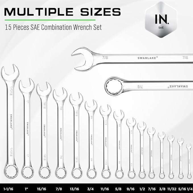SWANLAKE GARDEN TOOLS 15-Piece SAE Wrench Set, V Notch Premium Combination Wrenchs Set, SAE 1/4" to 1", Max Torque, 12-Point, Chrome Vanadium Steel, with Storage Rack