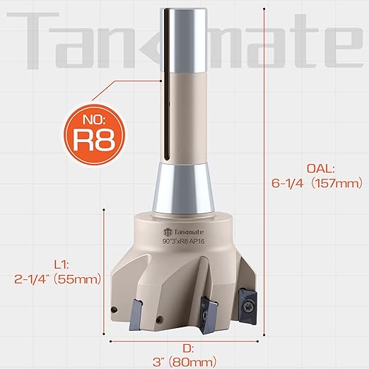 R8 Shank Indexable End Mill 3" Cutting Diameter x 6-1/4" Oal 90 Degree with Nickel Plating, Includes 6 APKT1604 Carbide Inserts