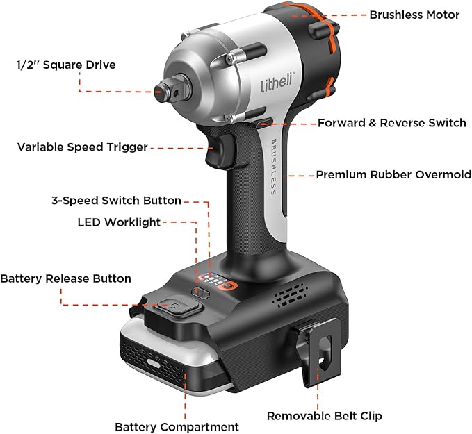 LiTHELi Cordless Impact Wrench 1/2 inch, 330 Ft-lbs(450N.m) Brushless Impact Gun 2500 RPM, 20V Power Impact Wrenches for Home & Truck Car, Tool Only