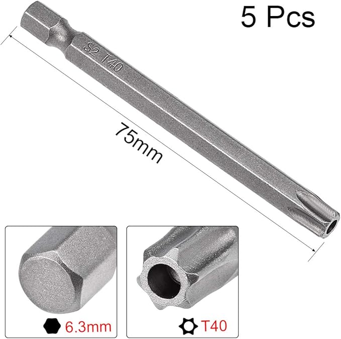 uxcell 5 Pcs T40 Magnetic Torx Screwdriver Bits, 1/4 Inch Hex Shank 3-inch Length S2 Security Tamper Proof Screw Driver Kit Tools