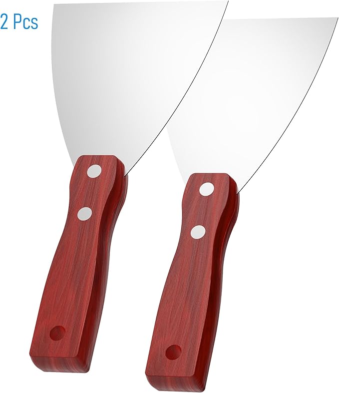 Putty Knife, 2PCS Stainless Steel Scraper Tool, Wooden Handle Metal Spackle Knives for Drywall, Decals, Wall Paper, Floor Tile, Patching, Painting, Taping, Putty knife (4"/100mm)