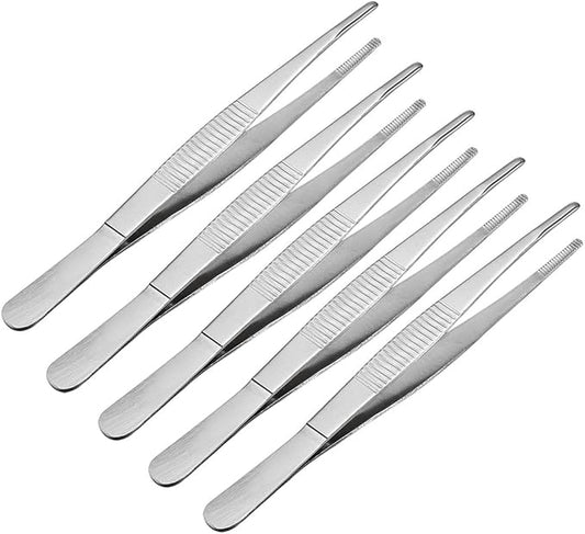 uxcell 5 Pcs 5.5-Inch Stainless Steel Straight Round Blunt Tweezers Serrated Tip