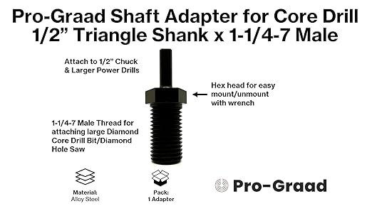 Shaft Adapter for Core Drill Hole Saw, 1/2??Triangle Hex Shank to 1-1/4"-7 Male Threads, for Use with 1-1/4??7 Threaded Diamond Hole Saw & Diamond Core Drill Bits