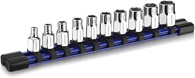 WORKPRO 1/4" Drive Socket Set, 10-Piece Metric CR-V Socket Set with Sturdy Socket Organizer, 6-Point Standard & Shallow Sockets 4mm to 13mm, External Hex Socket Set with Socket Rail for Anti Rolling