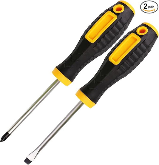 4 Inch Screwdriver Set Phillips and Slotted, 2 Pack Magnetic Screwdrivers Set Flat Head Cross Head Screwdriver Cushion-Grip Handles Non-Slip Screwdrivers