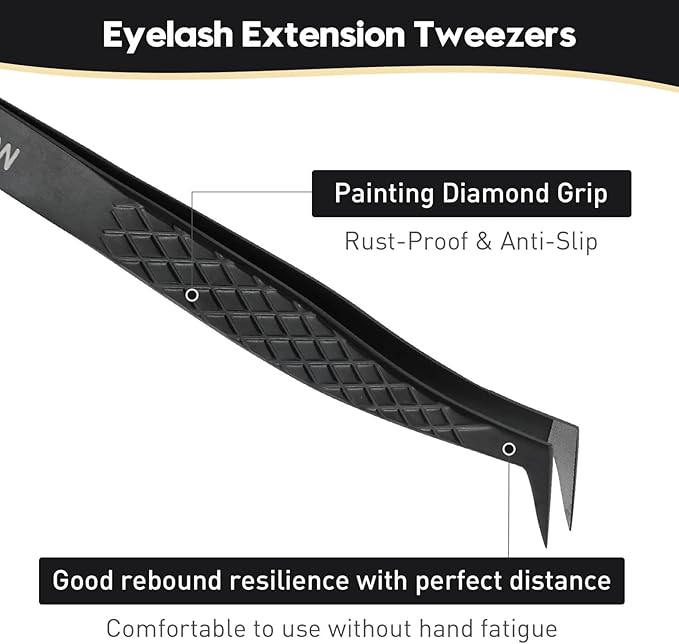 Ms.Queen Fiber Tip Lash Tweezers, Precise Diamond Grip L-Shape Boot Volume Eyelash Extension Tweezers,Black