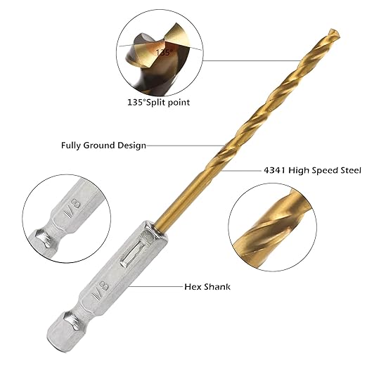 Hex Shank Drill Bits - Set of 10Pcs, 1/8 Inch Premium 4341 HSS Titanium Impact Hex Drill Bits for Wood, Steel, Metal, Plastic, Quick Change Design