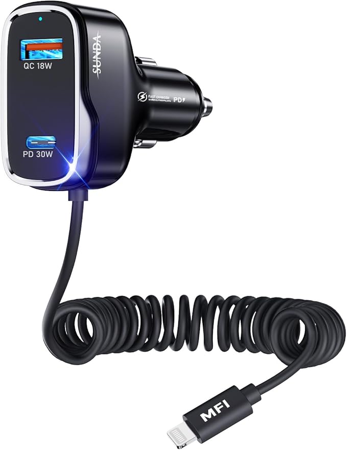 [Apple MFi Certified] iPhone Car Charger, Built-in 5.7FT Lightning Cable for iPhone 17/16/15/14/Max/XR/X/8/7/iPad, 71W 3-Ports PD30W Car Charging Adapter for Samsung Galaxy S25/S24/S23, Google Pixel