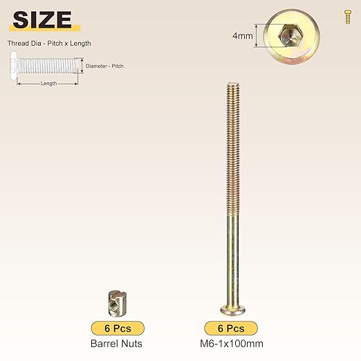 METALLIXITY Furniture Crib Screws Replacement Set (M6-1x100mm) 12Pcs, Connector Bolt M6 Screw Barrel Nuts Binding Screws, for Chair Cabinet Bed, Yellow