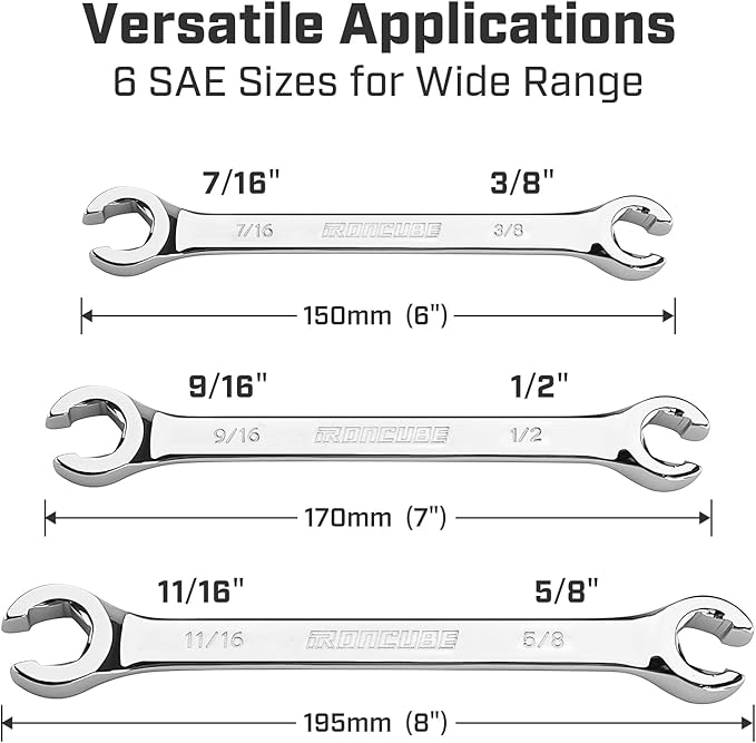 ironcube Flare Nut Wrench Set: 3-piece SAE 3/8'' to 11/16'' - Line Wrench Set for Removing or Replacing Nuts on Fuel, Brake or Air Conditioning Lines