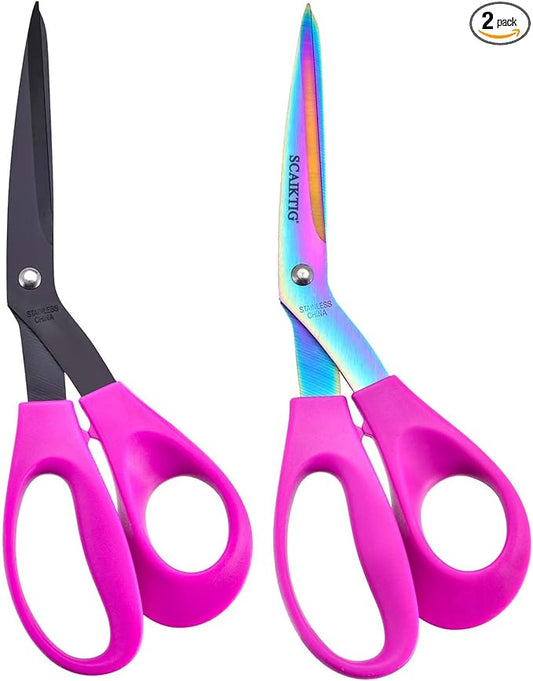 8.5??Bent Fabric Scissors All Purpose Sharp Heavy Duty, Bent Shears for Sewing Crafting Cutting Clothes, Felt, Leather, Paper Supplies, Pink Handle, Titanium Coating Blades, 2-Pack