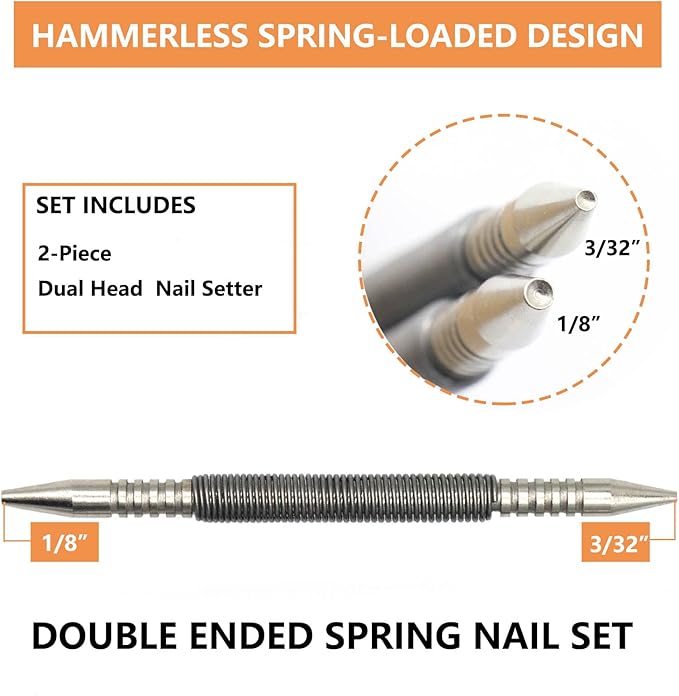 2-Piece Dual Head Combo Nail Setter, Double Ended 3/32?? 1/8?쿞pring Nail Set, 3500 PSI Striking Force Hammerless Nail Set Punch Nail Pullers