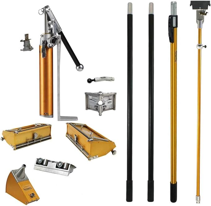 TapeTech Full Drywall Finishing Set with Extendable Handle, 10" and 12" Flat Boxes, Angle Head, Angle Box, Corner Roller, Pump