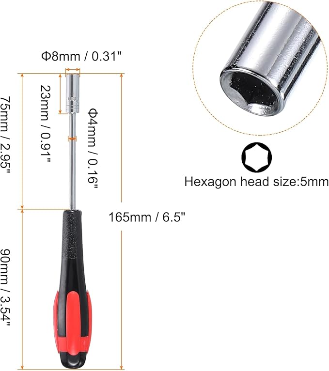 HARFINGTON Metric Nut Driver 5mm Dia 75mm Shank Non-Magnetic 6 Point Hex Socket Screwdriver with Non-Slip Handle for Tightening and Loosening Fasteners
