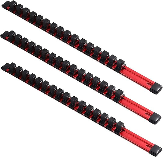 ALOANES 3-Piece 1/2-Inch Drive Aluminum Alloy Socket Organizer, Heavy Duty Socket Racks, Socket Holder Kit for Toolbox Drawer Fit 1/2-Inch x 48 Clips (Red)