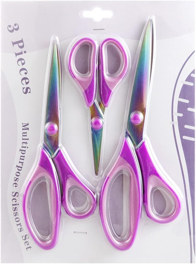3PCS Purple Craft Scissors, Sharp Tailor Scissors, Titanium Blades Shears Rubber Soft Grip Handle, Multi-Purpose Fabric Scissors for Adults, Office, Sewing, School and Home Using