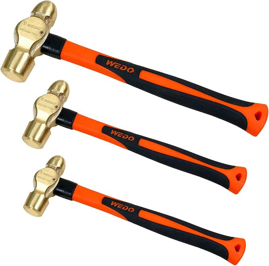 WEDO 3PCS Brass Ball Peen Hammer Set,1/2lb+1lb+2lb,Fiberglass Handle,Die-Forged,Corrosion Resistant,DIN Standard