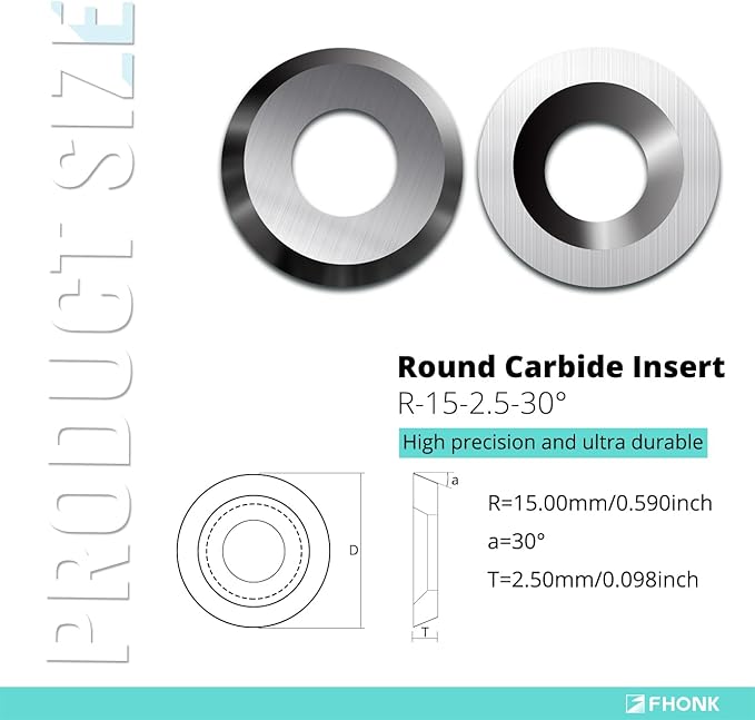 15mm Round Carbide Inserts Blades for Woodworking, Tungsten Carbide Cutters Knives for Woodturning, Wood Finisher Hollower Lathe Tools, 10 pcs (R-?15x2.5-30째)