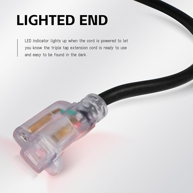 EP 6 Ft Outdoor Extension Cord, 12/3 SJTW Heavy Duty Waterproof Power Cable, 3 Prong Grounded Plug, Lighted End, for Lawn, Garden, Appliances, Black