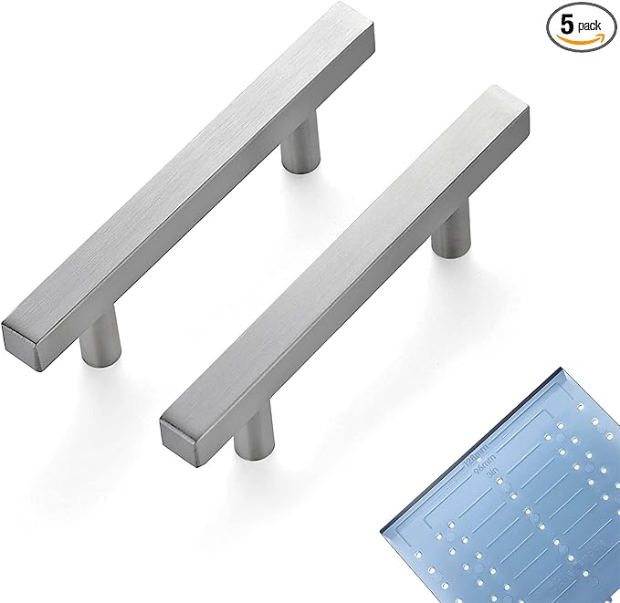 Ravinte 5 Pack 3 Inch Cabinet Pulls Brushed Nickel Sqaure Kitchen Cabinet Handles Silver Cabinet Hardware Stainless Steel Drawer Pulls 5 Inch Overall Length with Mounting Template