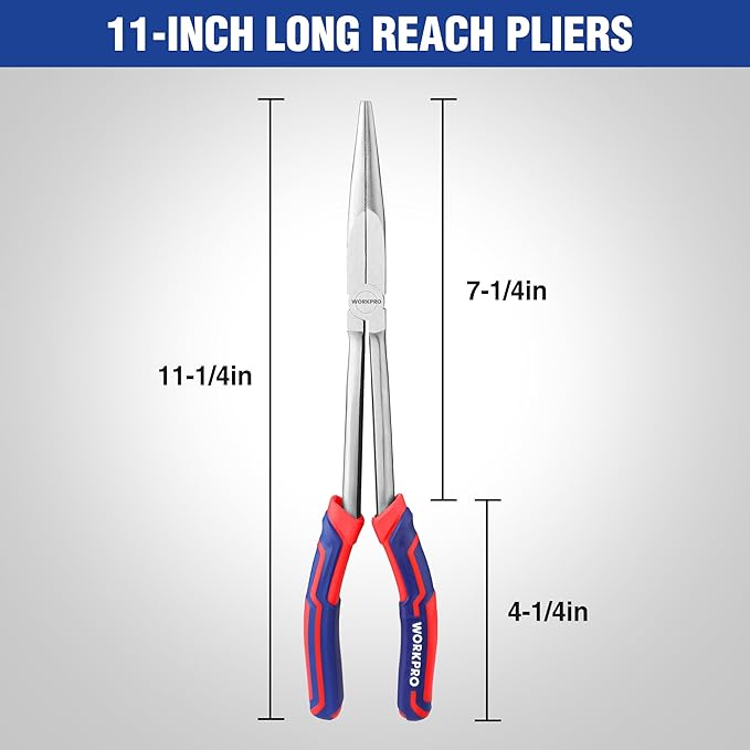 WORKPRO Premium 11??Extra Long Needle Nose Pliers, Paper Clamp Precision, Heavy-Duty CRV Steel, Soft Grip