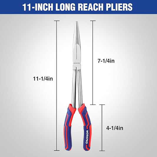 WORKPRO Premium 11??Extra Long Needle Nose Pliers, Paper Clamp Precision, Heavy-Duty CRV Steel, Soft Grip