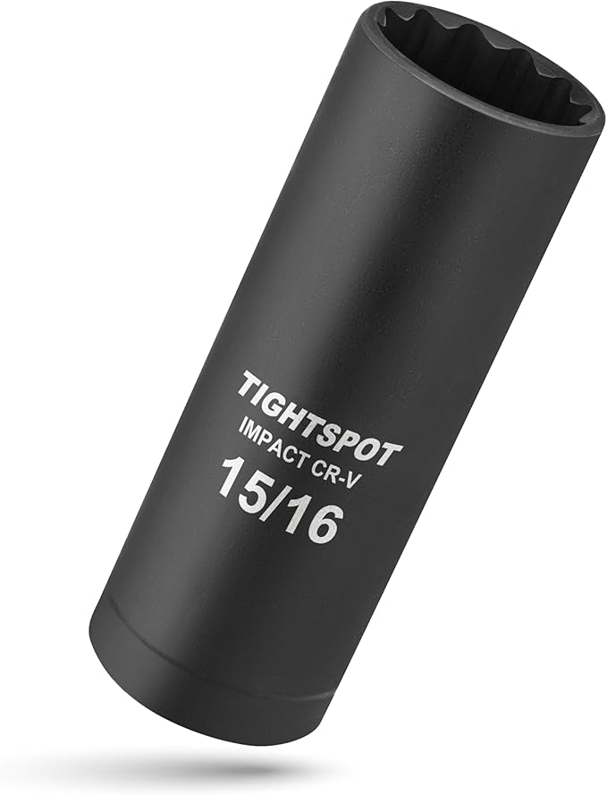 TIGHTSPOT 1/2 Inch Drive - 15/16 Inch Deep Impact Socket with Anti-Rounding 12 Point Design, Heat-Treated CRV Steel