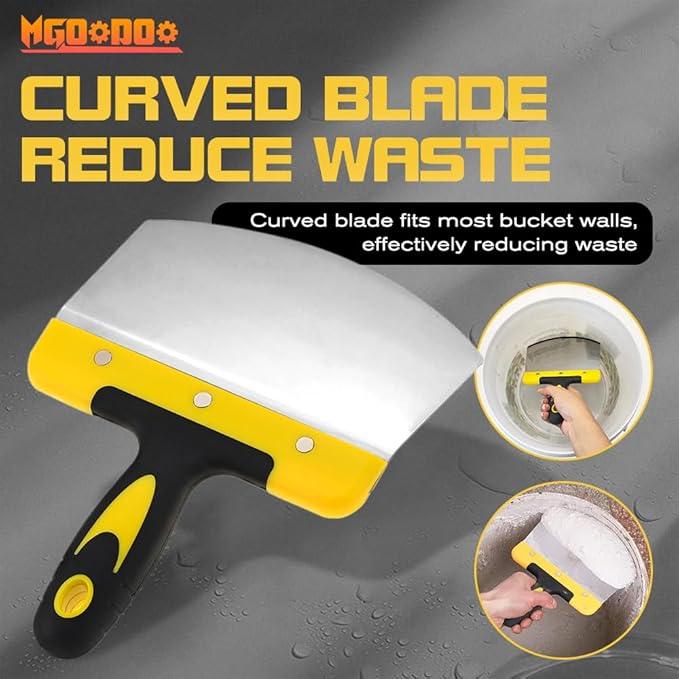 Mgoodoo 2PCS Stainless Steel Bucket Scoop,6.7 inch Curved Contoured Blade Putty Knife for Drywall & Plaster,Rustproof Scraper Tools with Soft-Grip Handle for Clean Paint,Mortar,Putty,etc(Yellow)