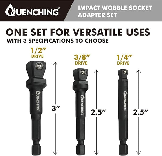 3-Pcs 3 Inch Impact Wobble Extension Set, Socket Extensions with Holder, 1/4, 3/8, 1/2 Drive Cr-V Wobble Extension Offer 30-Degree Range of Motion for Enhanced Access