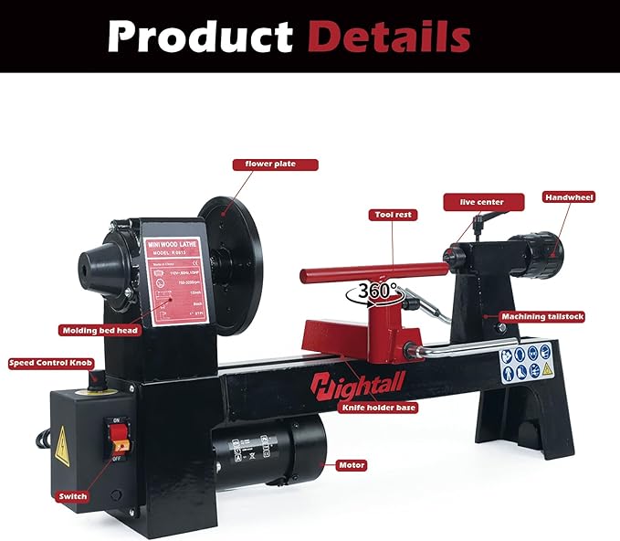 Wood Lathe Machine, 8x 12 inch Benchtop Wood Lathe,1/3 HP Infinitely Variable Speed 750-3200 RPM,for Woodworking, Woodturning