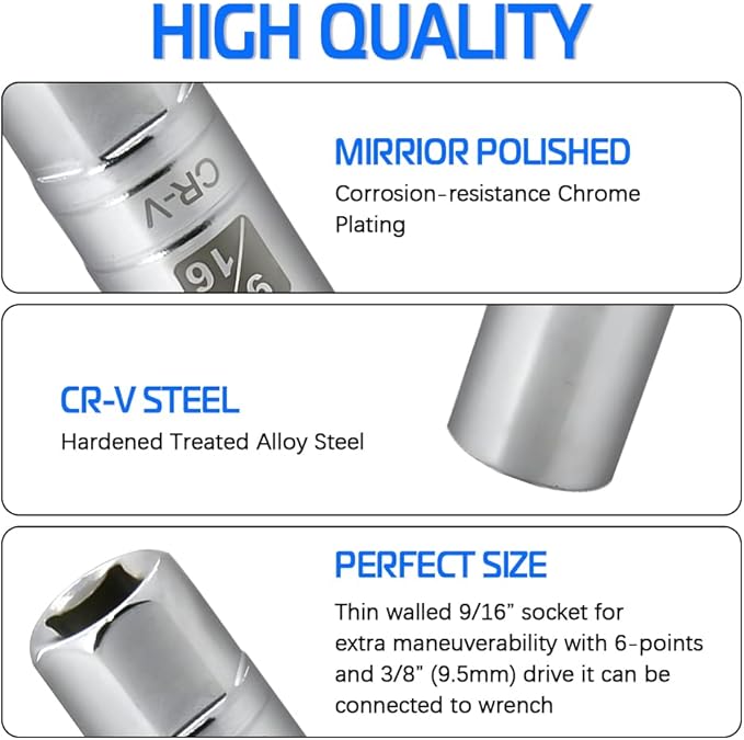 9/16-inch Magnetic Spark Plug Socket 3/8-inch Drive 6-Point Powerful Magnet Retains Spark Plugs Chrome Vanadium Steel