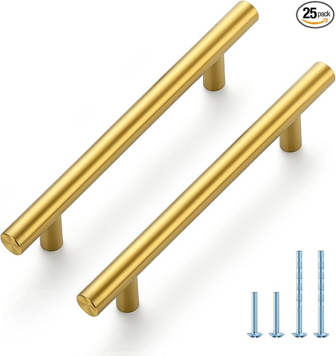 JOY DECOR 25 Pack 6 Inch Cabinet Pulls Kitchen Cabinet Handles with 3-3/4 Inch Hole Center Brushed Brass Cabinet Hardware Stainless Steel Kitchen Drawer Pulls for Cabinets Cupboard, 96mm Hole Centers