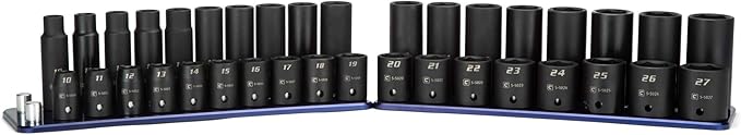 Capri Tools 1/2 in. Drive Shallow and Deep Impact Socket Set, Metric, 10 to 27 mm, 36-Piece with Billet Aluminum Socket Rail (CP55000-36MSDR)