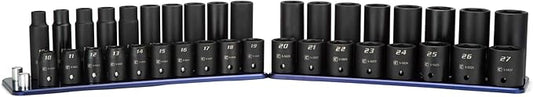 Capri Tools 1/2 in. Drive Shallow and Deep Impact Socket Set, Metric, 10 to 27 mm, 36-Piece with Billet Aluminum Socket Rail (CP55000-36MSDR)