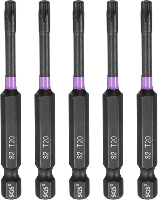 HARFINGTON 5pcs T20 Torx Head Impact Screwdriver Bits 1/4" Hex Shank 2.8" (70mm) Long Magnetic No Hole Tamper Proof 6 Point Star Screw Driver Drill Bits Phosphate S2 Steel Power Tools