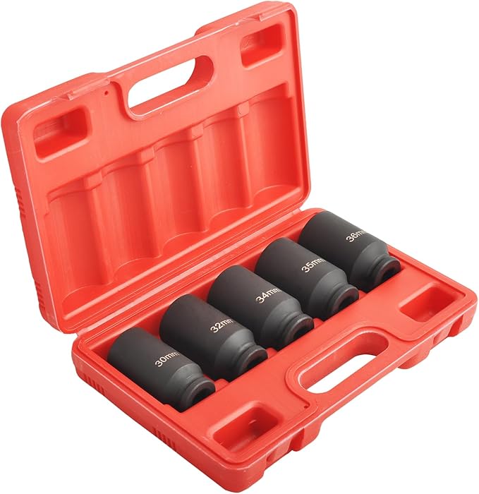 12 Point Deep Impact Socket Set 1/2??Drive 30mm, 32mm, 34mm, 35mm, 36mm, 5Pcs CR-MO Spindle Metric Axle Hub Nut Socket with Heavy Duty Portable Storage Case for Removing & Installing Axle Nuts