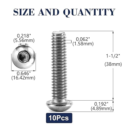 3/8-16 x 1-1/2" Button Head Socket Cap Bolts Screws, 10Pcs 304 Stainless Steel 18-8, Allen Hex Drive, Bright Finish by SG TZH(with Hex Spanner)