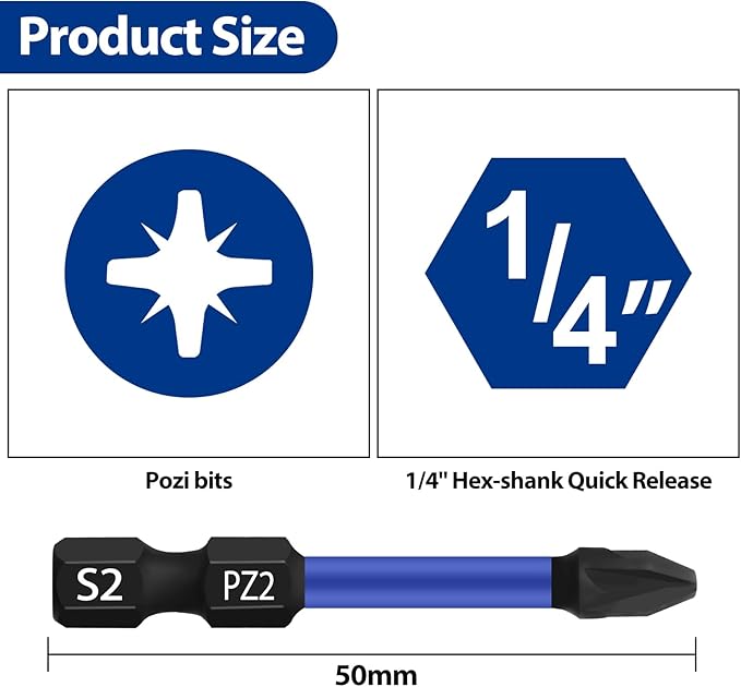 HPHOPE PZ2 Screwdriver Bit Set 10Pcs, Pozi Bits PZ2, 1/4" Hexagon Bit, Length: 50mm