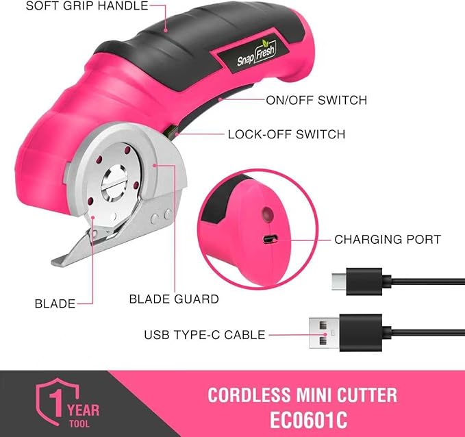 SnapFresh Cordless Electric Scissors- 4V Mini Cardboard Cutter for Boxes, Carpet, Paper ??Rotary Cutter for DIY Projects, Safety Box Cutter with Battery & Type-C Cable(Hot Pink)