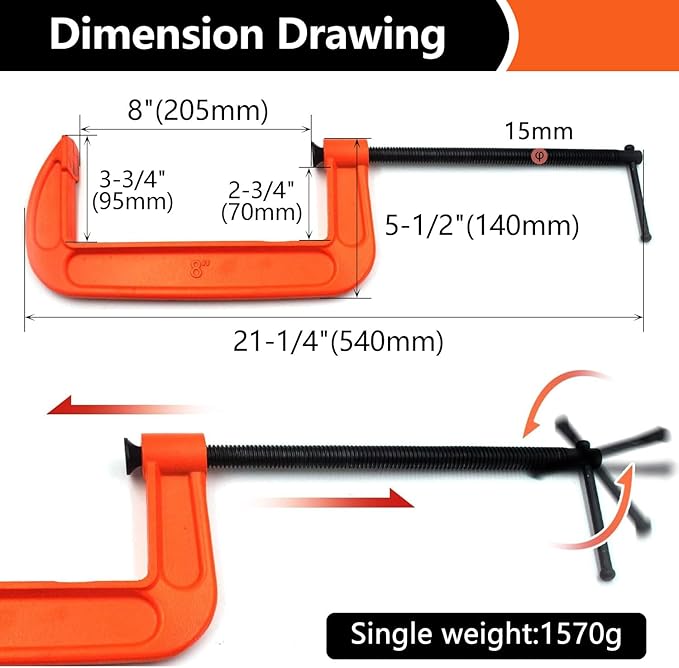 (4 PACK) C Clamps Set 8 Inch Heavy Duty Steel Iron Alloy Versatile G-Clamps, Orange