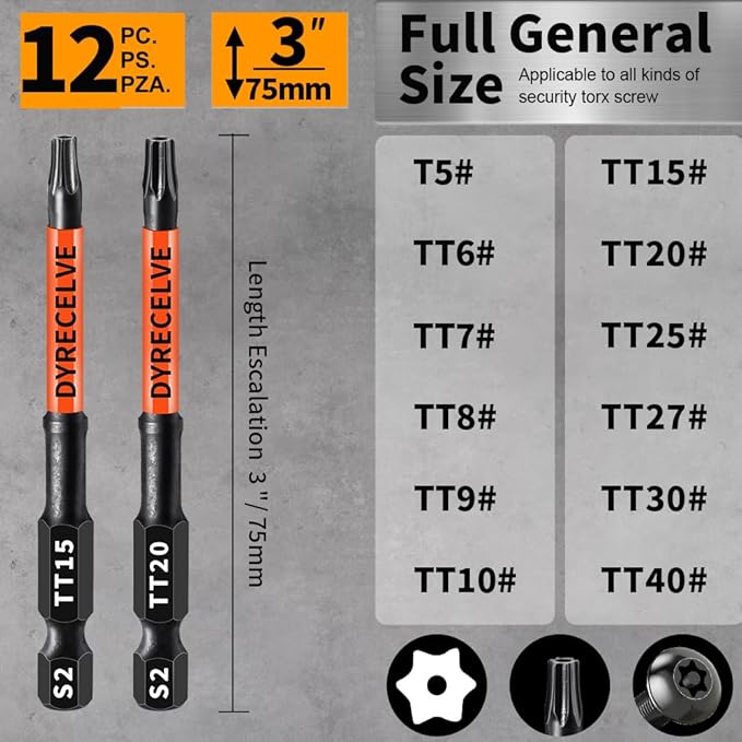12-Pack Impact Security Torx Bit Set (T5-T40) 3-Inch Long, S2 Steel, Professional Tamper Proof Star Bits Set, with 1/4" Hex Shank, Magnetic & High Torque for Automotive/Electronics/DIY